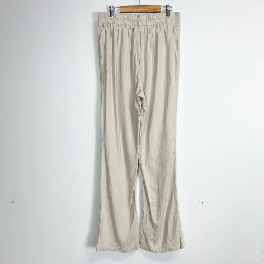 Happily Grey Pants Womens Medium Beige Khaki Linen Blend Pull On Stretch Waist